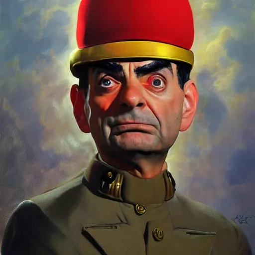 Image similar to ultra realistic portrait painting of mr bean as m. bison from street fighter, art by frank frazetta, 4 k, ultra realistic, highly detailed, epic lighting