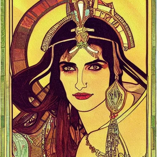 Image similar to a portrait of Penelope Cruz as a egyptian queen by Mucha.
