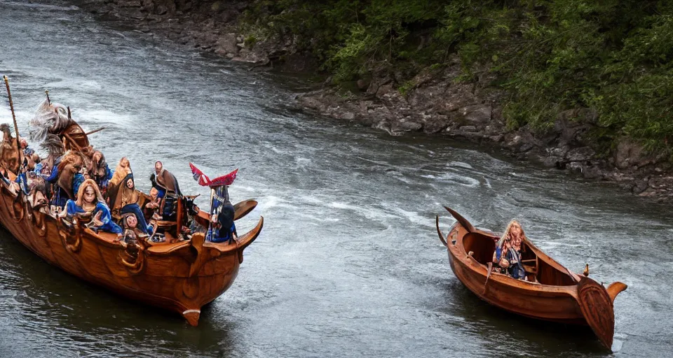 Image similar to fast viking ship sailing down a river, f / 2. 8, motion blur