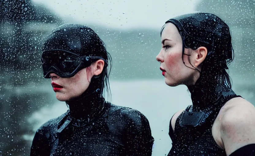 Image similar to cinestill 5 0 d candid action photographic portrait by quentin tarantino of two loving female androids wearing rugged black mesh techwear in treacherous waters, extreme closeup, modern cyberpunk retrofuturism moody emotional cinematic, pouring iridescent rain, 8 k, hd, high resolution, 3 5 mm, f / 3 2, motion blur, ultra realistic faces, ex machina, tesla