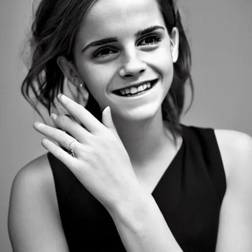 Image similar to A photo of laugh emma watson show wedding ring on his fingers. 50 mm. perfect ring. award winning photography