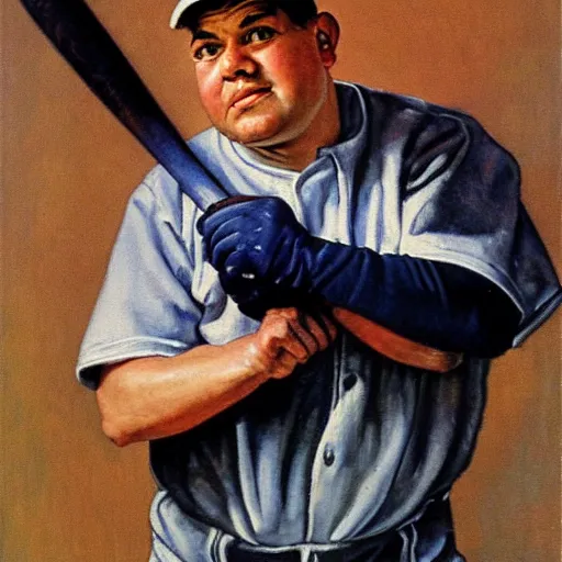 Prompt: a portrait painting of Babe Ruth. Painted by Norman Rockwell