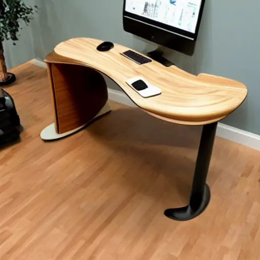 Image similar to a curved wooden desk design, realistic,