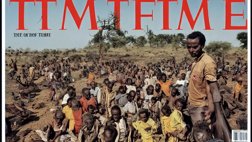 Prompt: 1 9 8 4 ethiopian famine and drought, in the cover of time magazine, 8 k