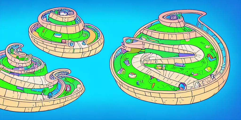 Image similar to chubby spiral shape cartoon concept art, ship port, from lorax movie, sam and max