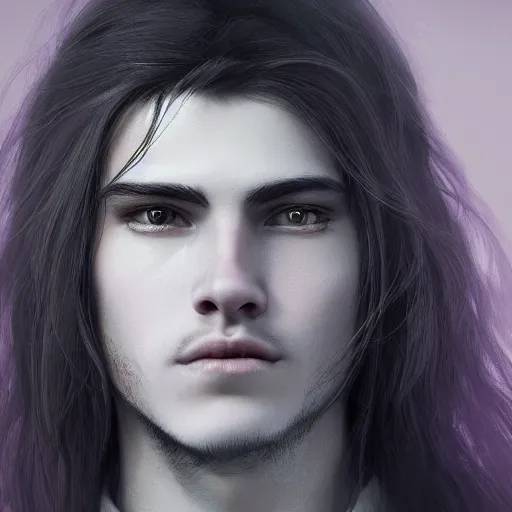 Image similar to a highly detailed Portrait of a young man with light gray long hair, purple eyes, in a black cloak, artstation, DeviantArt, professional, octane render