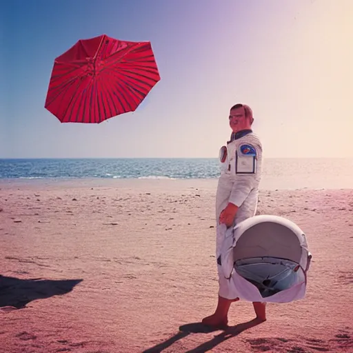 Image similar to a beautiful photo of an astronaut on the beach under a beach umbrella, summer sun, 1 9 7 0, soft light, morning light, photorealistic, realistic, octane, 8 k, cinematic shot