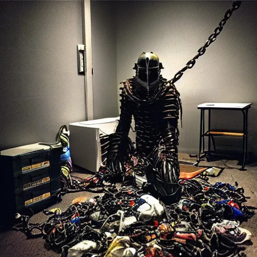 Prompt: “a photo of a kneeling evil disgusting mummy knight mutant in full armor wrapped in cables and chains in front of a laptop computer. The knight is in the center of a dark filthy dirty room filled with server racks and server cables hanging everywhere. The ground of the room is littered and covered with garbage and trash everywhere. It is dark and there are no lights. Cursed image. David Cronenberg style. David lunch style. Troma style. 35mm film.”