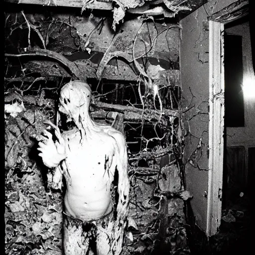 Image similar to 1 9 9 3, disposable camera, flash, old abandoned house, creature standing, meat, ooze, slime, veins, wet