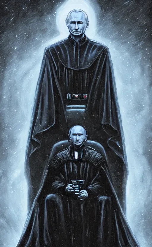 Image similar to comic style portrait shot of vladimir putin as emperor palpatine on the throne in the star wars, elegant, highly detailed, digital painting, artstation, illustration,