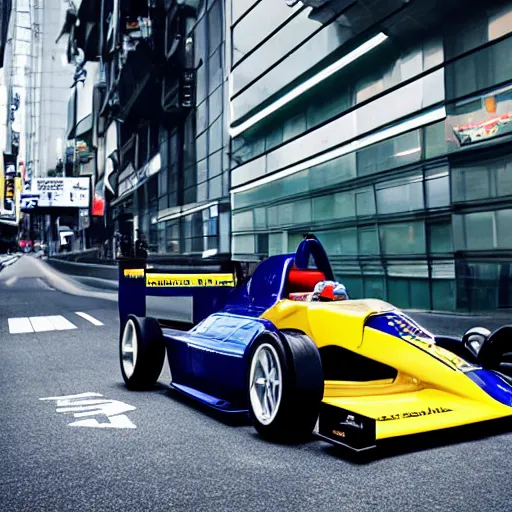 Prompt: alpine renault formula 1 car in the style of gundam, racing through tokyo streets