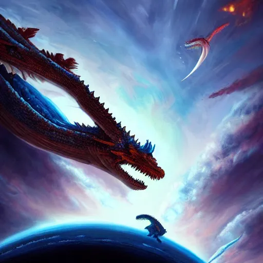 Image similar to Gigantic blue scaled dragon devouring an earth like planet while flying in space, sun system, behemoth, lizard, crocodile, oil painting, by Greg Rutkowski