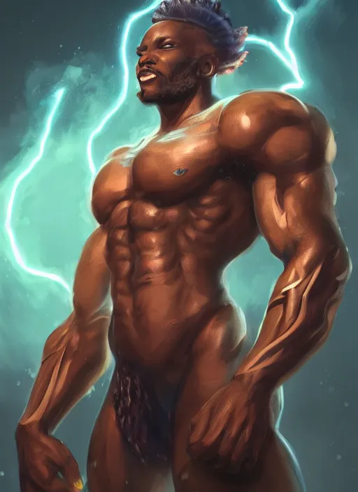 Image similar to a highly detailed illustration of short fade hair african god of lightning, evil summoning lightning from hands pose, moonlit clouds background, muscular, intricate, elegant, highly detailed, centered, digital painting, artstation, concept art, smooth, sharp focus, league of legends concept art, WLOP