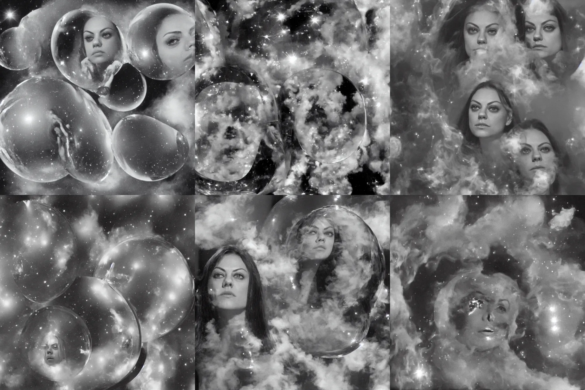Prompt: smirking 1970 Mila Kunis reflected in a reflective bubble, puffs of smoke, The Stars My Destination, Ludek Pesek, Rick Guidice, Chesley Bonestell, Lucien Rudaux, Rolf Klep, Fred Freeman, George Pal
