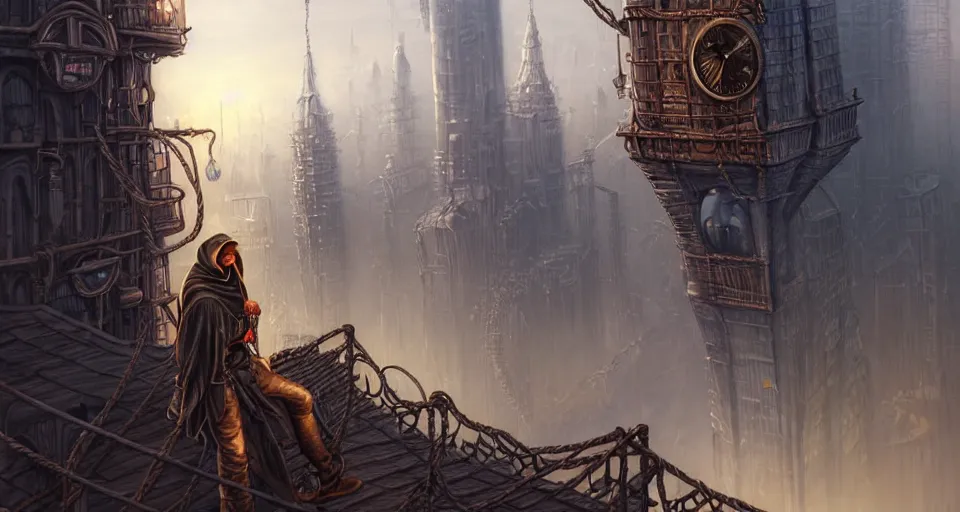 Image similar to landscape painting of a hooded thief in leathers using a rope to climb a tall metal steampunk buildings with a fantasy city, fine details, magali villeneuve, artgerm, rutkowski