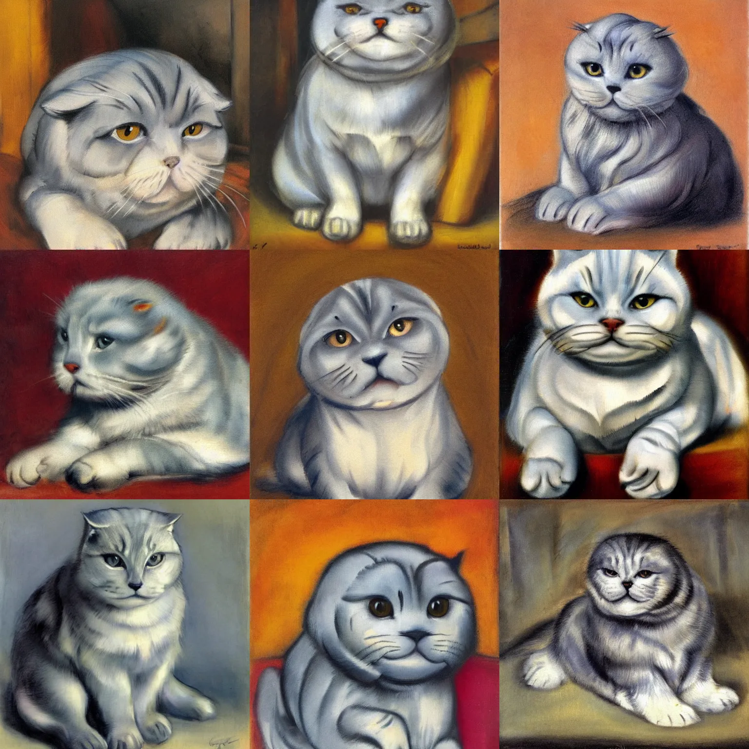 Prompt: fat grey scottish fold sitting, by Franz Marc