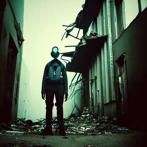 Prompt: A high quality color photo of a mysterious man with a gas mask standing in the middle of a staircase alley looking in the direction of the camera :: outside, blue sky visible :: ruined city with destroyed buildings :: forest :: apocalyptic, gloomy, desolate :: long shot, low angle, dramatic backlight, symmetrical, afternoon :: cinematic shot, highly detailed