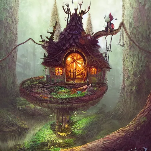 Prompt: a storybook illustration of a ramshackle multistory fairytale hut in the forest, intricate, elegant, atop chicken legs, in forest, fantasy, highly detailed, digital painting, concept art, sharp focus, trending on artstation
