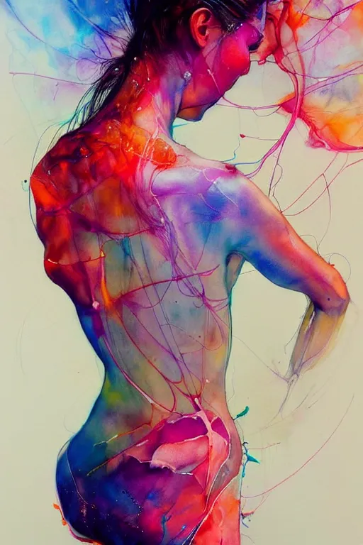 Image similar to sophia vergara by agnes cecile enki bilal moebius, intricated details, 3 / 4 back view, bendover posture, full body portrait, extremely luminous bright design, pastel colours, drips, autumn lights
