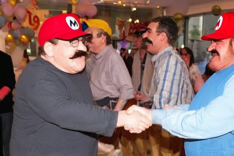 Prompt: a real life wario shaking hands with a real life mario