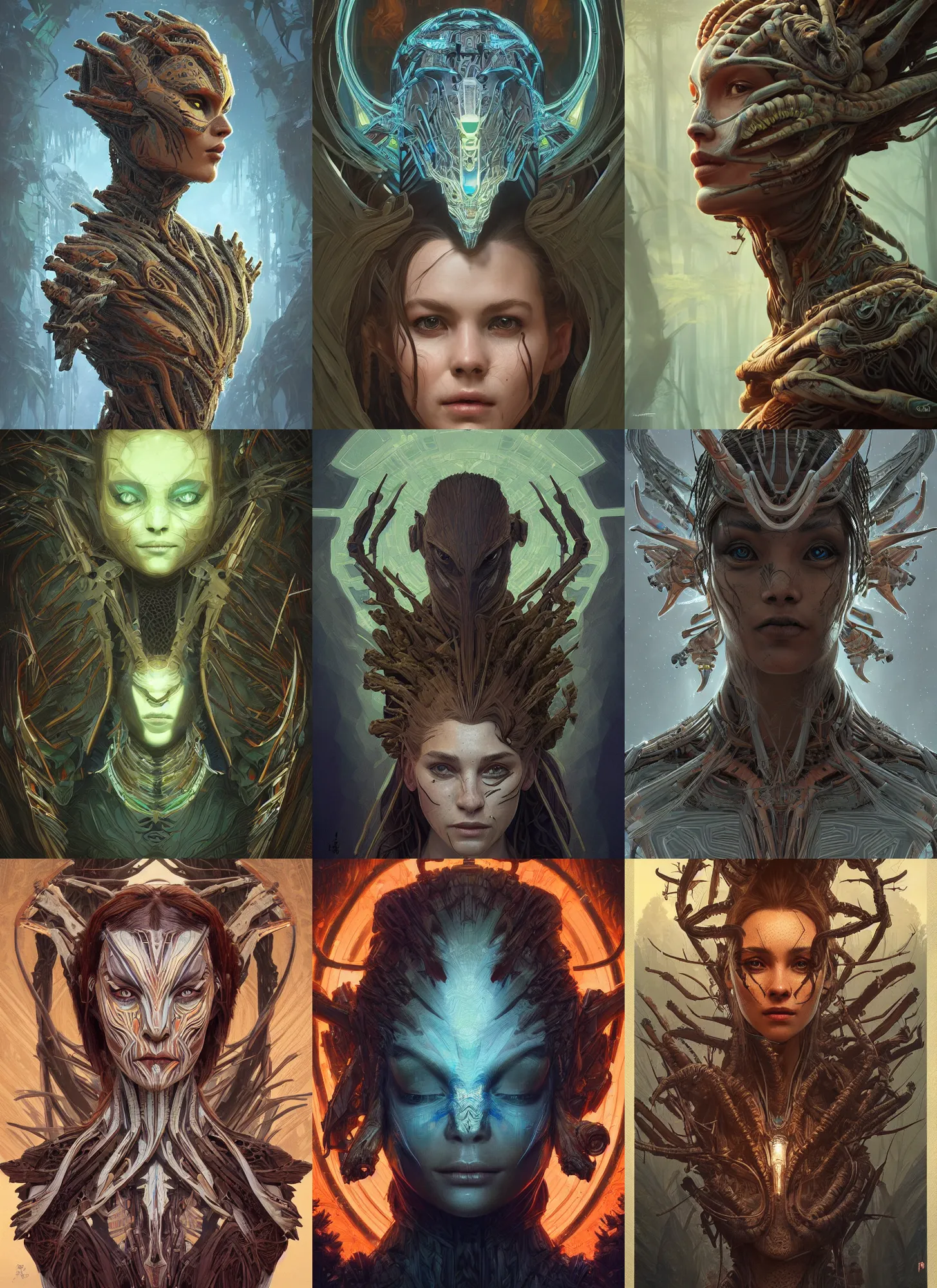 Prompt: symmetry!! portrait of alien made of trees in the style of horizon zero dawn, machine face, intricate, elegant, highly detailed, digital painting, artstation, concept art, smooth, sharp focus, illustration, art by artgerm and greg rutkowski and alphonse mucha, 8 k