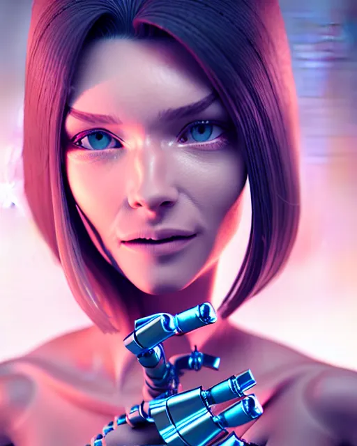 Image similar to a 3 d render of a beautiful female translucent cyborg trying to fix her broken head with futuristic tools, dreamy, elegant photorealistic, cinematic, octane render,