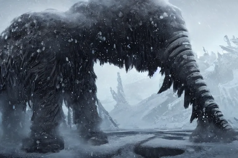 Image similar to a grand intricate futuristic black steam train next to a giant mammoth, post - apocalyptic ice landscape in snowstorm, concept art, artstation, highly detailed, digital art