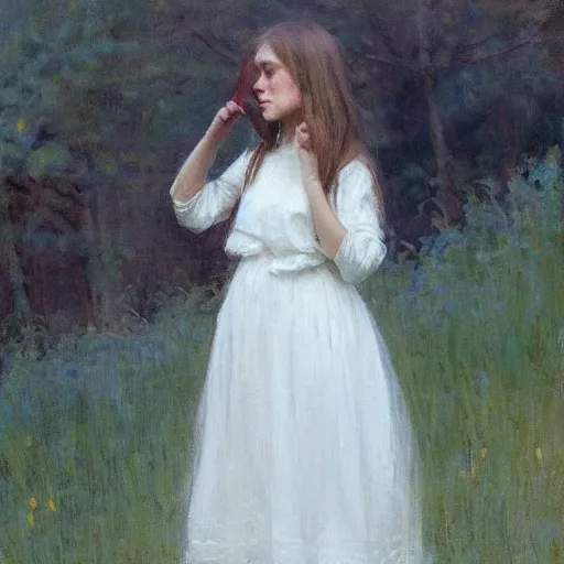 Image similar to girl in summer dress, brushing her long hair, jeremy lipking, joseph todorovitch