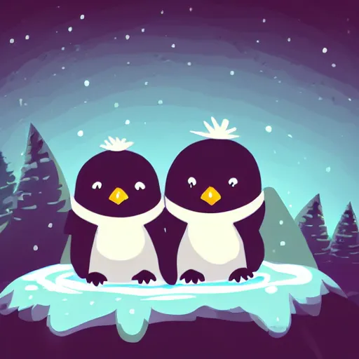 Image similar to two happy cute chibi penguins sitting around a campfire near a cave entrance to a mountain, there is a forest of trees in the background and a small frozen lake in the distance, trending on artstation, 3d digital artwork, cinematic lighting, 4K, very full detail, vector, amazing artwork, trending on Behance award-winning art, kawaii