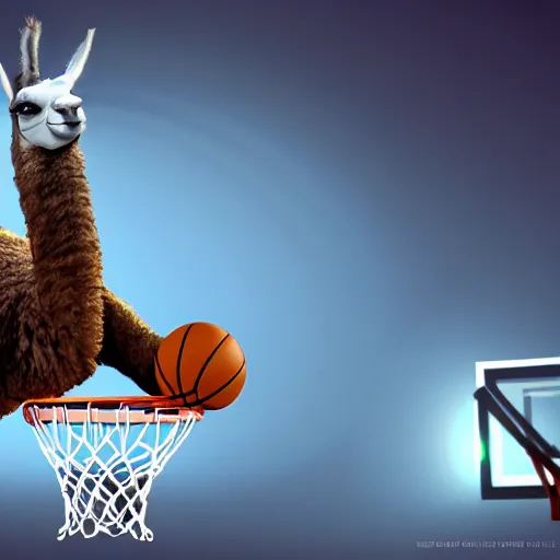 Image similar to a llama dunking a basketball, 4 k, digital art, high resolution, trending on artstation