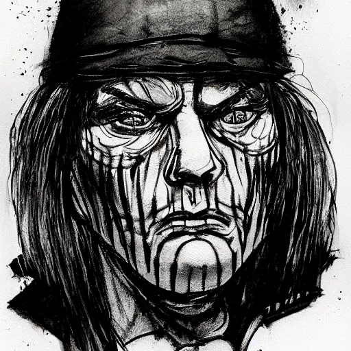 Prompt: street thug, character portrait, ink drawing, black and white, concept art by tim bradstreet