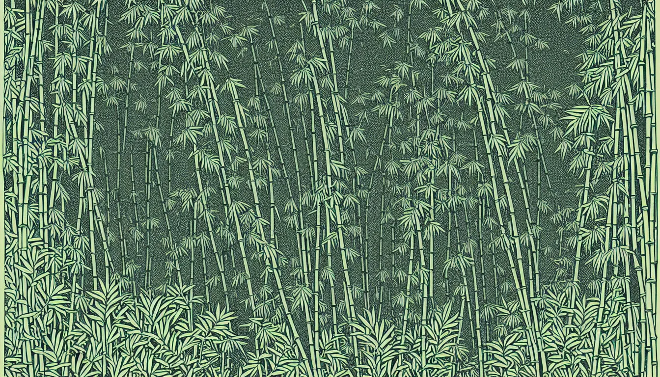 Image similar to close up of fern with bamboo grove in the background by woodblock print, nicolas delort, moebius, victo ngai, josan gonzalez, kilian eng