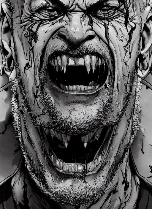 Prompt: close up portrait of an insane man, screaming, middle aged, scars, powerful, domineering, stoic, masterful, intense, ultrafine hyperdetailed illustration by kim jung gi, irakli nadar, intricate linework, sharp focus, octopath traveler, yoji shinkawa, highly rendered, detailed, concept art