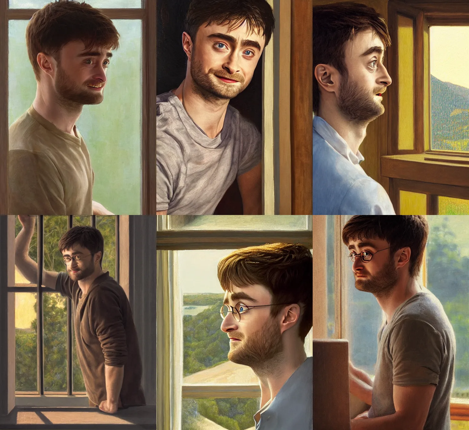 Prompt: Daniel Radcliffe looking out the kitchen window, detailed face, golden hour, by Kenne Gregoire