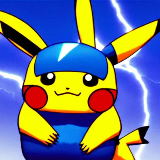 Image similar to pikachu with deep blue skin shooting bright electric lightning out of his ears in the style of pokemon anime def 8 k