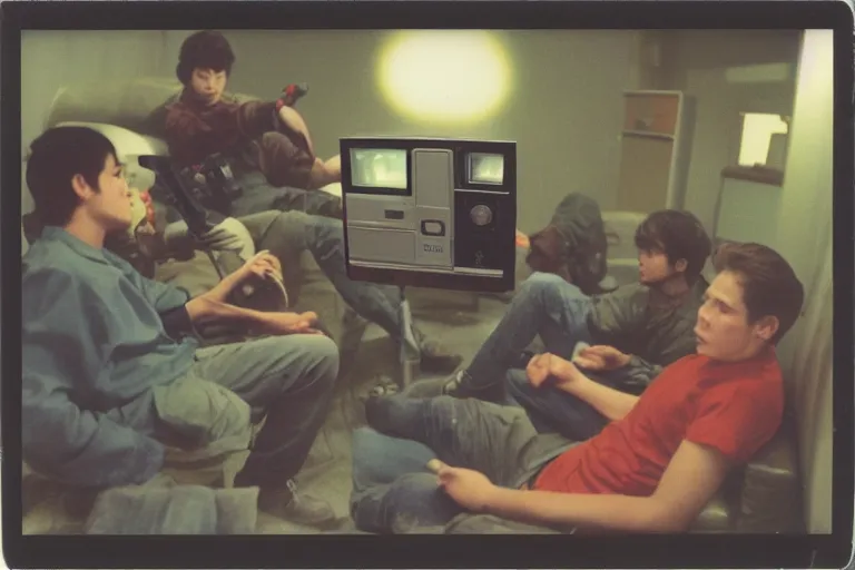 Image similar to polaroid photo of me and the boys watching an old retro Trinitron TV showing gundam fighting a Zaku-II with an axe, in the dark living room, lights off, 90s nostalgia, wide view, fish eye lens, vhs , scanlines, 8k, hd, high resolution