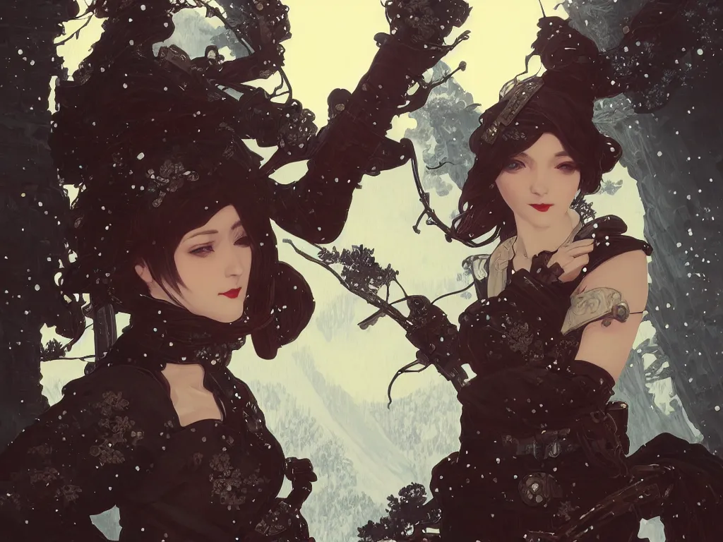 Image similar to portrait ninja gaiden girl, dieselpunk wardrobe, at snowy fuji mountain moonlight, fantasy, intricate and very beautiful and elegant, highly detailed, digital painting, artstation, concept art, smooth and sharp focus, cg by tian zi and wlop and alphonse mucha