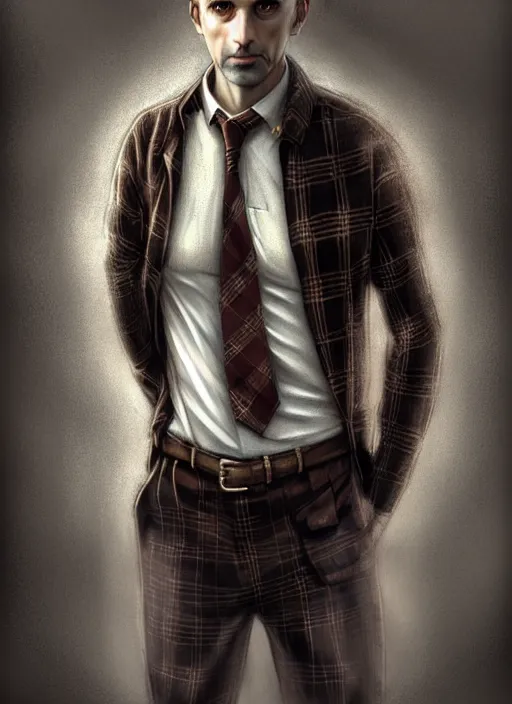 Image similar to male surgeon, brown hair, khakis, plaid shirt, gothic, moody, noir, intricate, elegant, highly detailed, lifelike, photorealistic, digital painting, artstation, illustration, concept art, smooth, sharp focus, art by John Collier and Albert Aublet and James jean and Brian froud and ross tran and Artem Demura and Alphonse Mucha