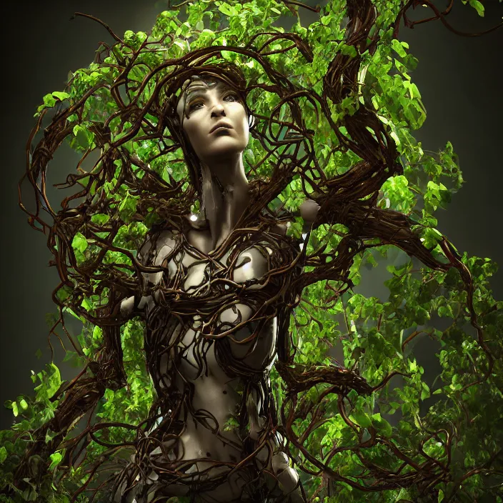 Image similar to female cyborg dryad standing, entwined by vines and roots, dark forest, surreal, light shining through, hyper - realistic, highly detailed, sharp focus, smooth, intricate, octane render