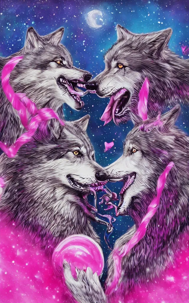 Image similar to a pair of wolves sharing a big lollipop with pink mouth, night, airbrush fantasy 80s, masterpiece album cover with black gradient on edges