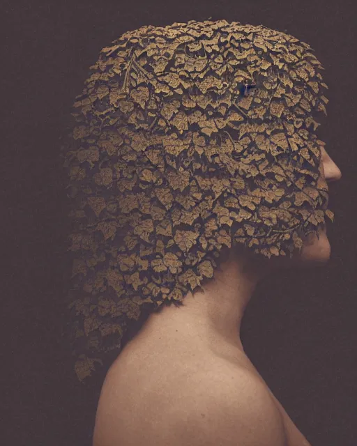 Prompt: a woman's face in profile, covered in intricate decorative ivy, in the style of the dutch masters and gregory crewdson, dark and moody