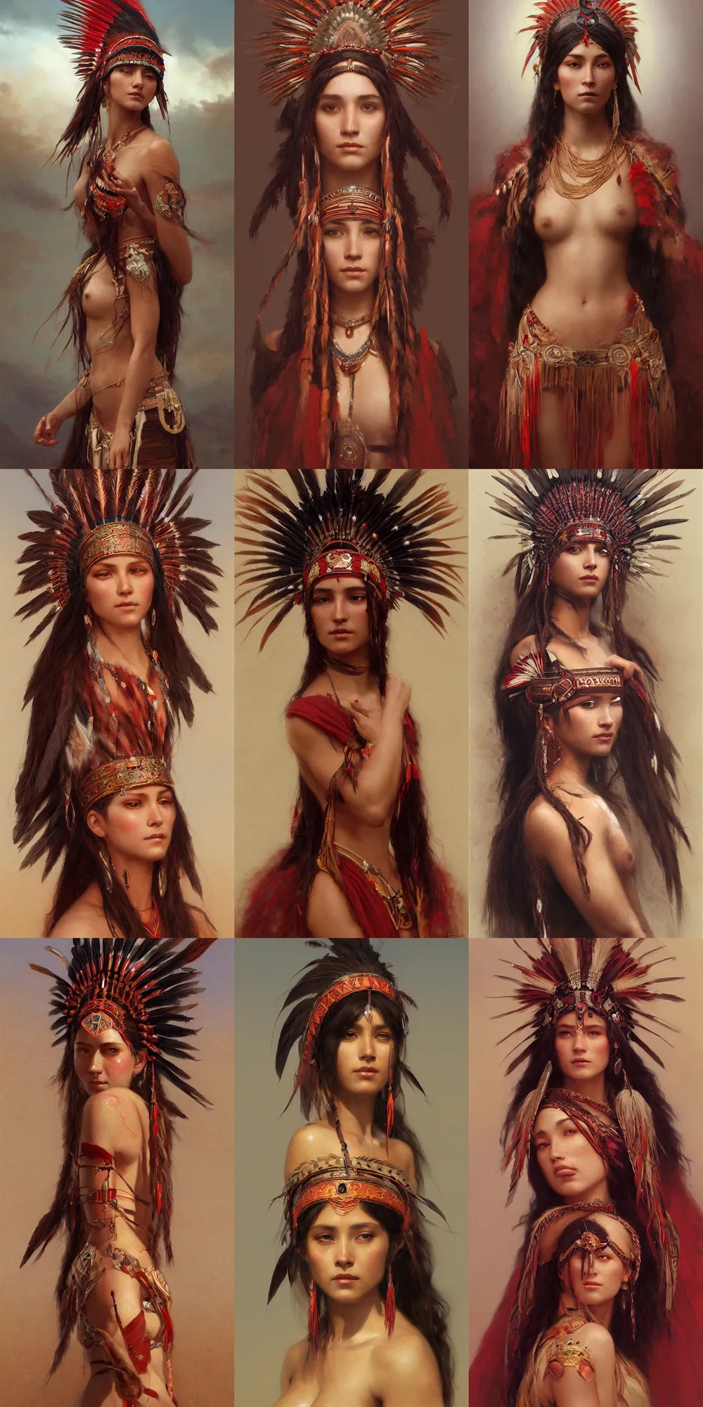 Image similar to gorgeous redskin woman wearing headdress, intricate, elegant, highly detailed, artstation, concept art, smooth, sharp focus, illustration, art by and greg rutkowski and orientalism and bouguereau