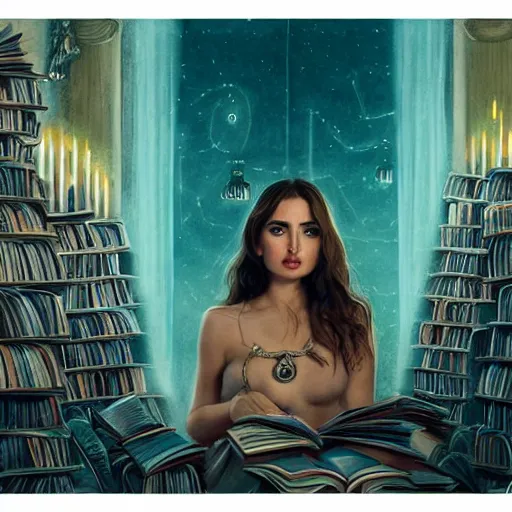 Prompt: a portrait of ana de armas as the goddess minerva, surrounded by stacks of books, bioluminescent gown with deep level of detail of esoteric symbols, urban motifs, intricate, elegant, highly detailed, digital painting, trending on artstation, concept art, smooth sharp focus, illustration, art by artgerm and greg rutkowski