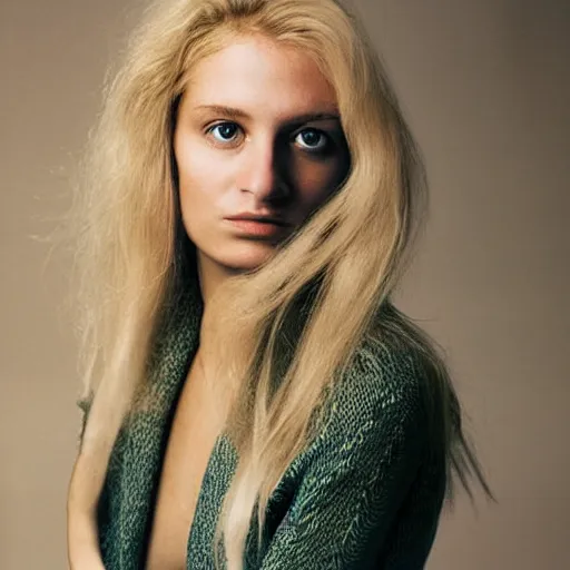 Image similar to portrait photograph by annie leibovitz of olive skinned blonde female in her twenties wearing designer clothes