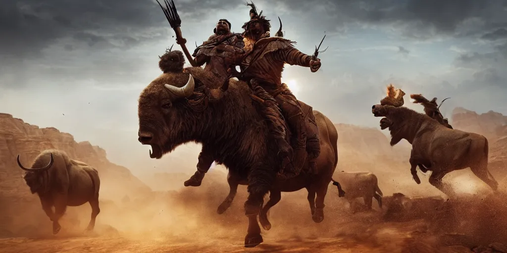 Image similar to indian on ancient atv attacking bisons, action scene, an epic western, dramatic lighting, cinematic, establishing shot, extremely high detail, photorealistic, cinematic lighting, artstation, octane render, old photo, buffalo hunt movie, alpha movie, western