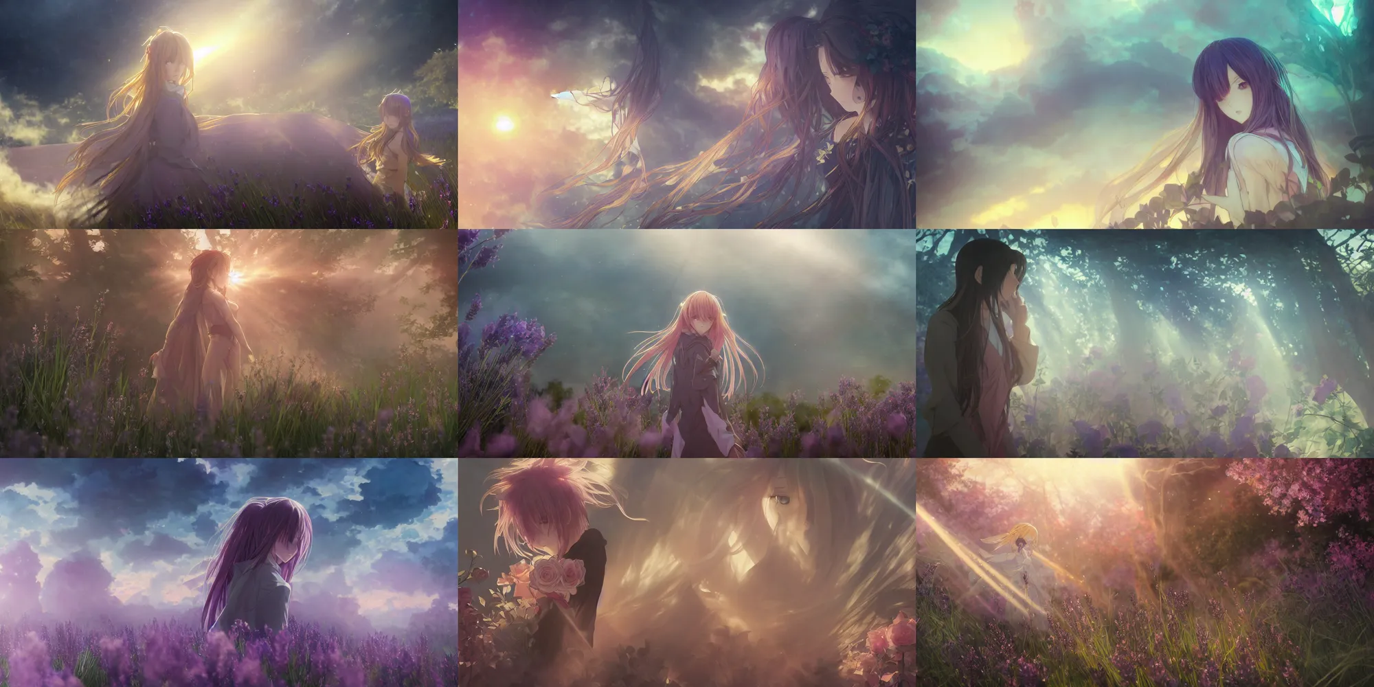 Prompt: A still from the anime Project K, god rays, bloom, volumetric fog, moody ambiance, cinematic lighting, twilight, sunset, rose and lavender and amber tones, Artgerm, Sakimichan, Alphonse Mucha, fantasy, portfolio illustration, highly detailed, trending on Artstation, CGsociety, HQ, 8k, 35mm lens, f2.8, Bokeh,