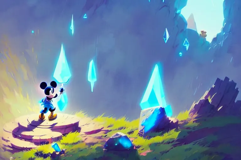 Image similar to concept art, adventurer mickey mouse standing in breath of the wild glowing crystal ore mines. anime styled. bright blue and cyan sky. hyper kawaii cute. by greg rutkowski, in the style of a grand adventure, extremely artistic