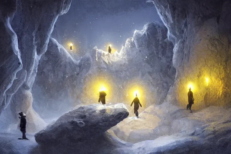 Prompt: three people exploring an open mysterious underground wintry crystalline glowing dimly - lit rocky ice cave with warm lanterns, blue and ( ( ( ( yellow ) ) ) ) tones, fantasy, concept art, amazing landscape painting, romanticism, geometric crystal structures, digital art, trending on artstation