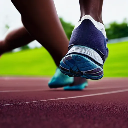 Prompt: camera looking down, barefoot running shoes on running track, advertisement