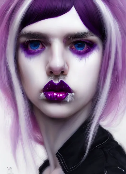 Image similar to portrait of white teenage girl, normal face, white bangs, mall goth, cyberlox, black and white hair, bangs, fluffy bangs, red contact lenses, purple lipstick, intricate, elegant, highly detailed, digital painting, artstation, concept art, sharp focus, smooth, illustration, art by wlop, mars ravelo and greg rutkowski